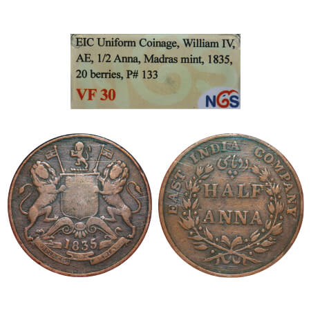 William IV, Copper, Half Anna, 1835, Madras Mint, Wreath with 20 Berries (10L + 10R). F. P
