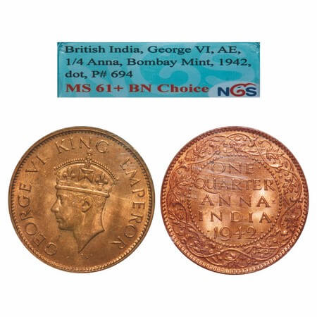 George VI, Bronze, Quarter Anna, 1942, Bombay Mint, Dot, Head Type II. F. Prid 694. GK 143