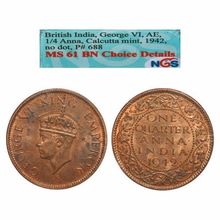 George VI, Bronze, Quarter Anna, 1942, Calcutta Mint, No dot, Head Type II. F. Prid 688. G