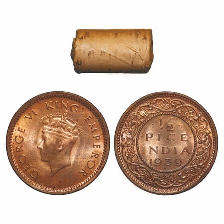 George VI, Bronze, 1/2 Pice, (Roll of 24 coins), 1939, Bombay Mint, Dot, Head Type I. Roll