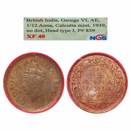 George VI, Bronze, 1/12 Anna, 1939, Calcutta Mint, No dot, Head Type I, F. Prid 859. GK 14