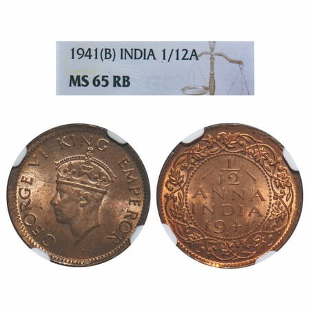 George VI, Bronze, 1/12 Anna, 1941, Bombay Mint, Dot, Head Type II. F. Prid 862. GK 1457.