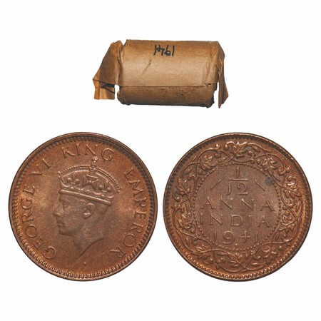 George VI, Bronze, 1/12 Anna, (Roll of 24 coins), 1941, Bombay Mint, Dot, Head Type II. Si