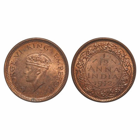 George VI, Bronze, 1/12 Anna, 1942, Bombay Mint, Dots by year, Head Type II. F. Prid 863. 