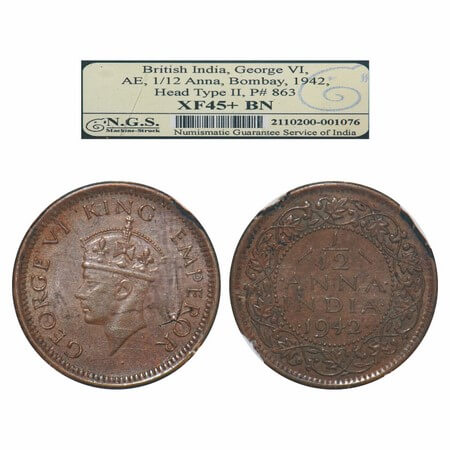 George VI, Bronze, 1/12 Anna, 1942, Bombay Mint, Dots by year, Head Type II. F. Prid 863 (