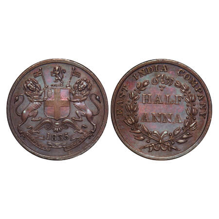William IV, Copper, Half Anna, 1835, Madras Mint, Wreath with 20 Berries (10L + 10R). F. P