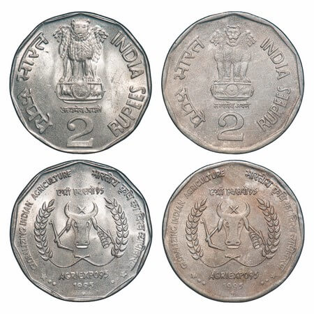 2 Rupees, Copper-Nickel (2 coins), 1995. Globalising Indian Agriculture - Agri Expo, Mumba