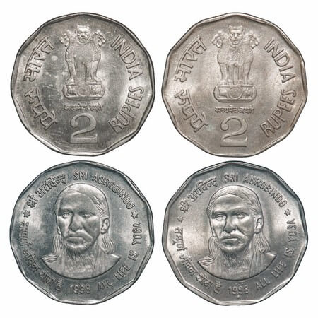 2 Rupees, Copper-Nickel (2 Coins), 1998, Shri Aurobindo - All Life is Yoga, 1) Mumbai mint