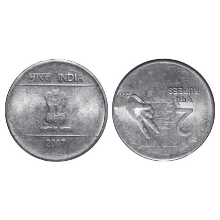 2 Rupees. FSS, 2007, Mudra Issue, Calcutta Mint, Rev inverted. About Uncirculated. Scarce.