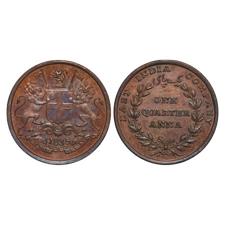 William IV, Copper, Quarter Anna, 1835, Calcutta Mint, A/I(i), Rev aligned, Large numerals