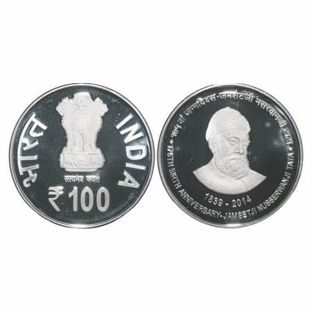 100 Rupees, Silver (50 %), 2014, Jamsetji Nusserwanji Tata, Calcutta Mint. Proof, Mint sta
