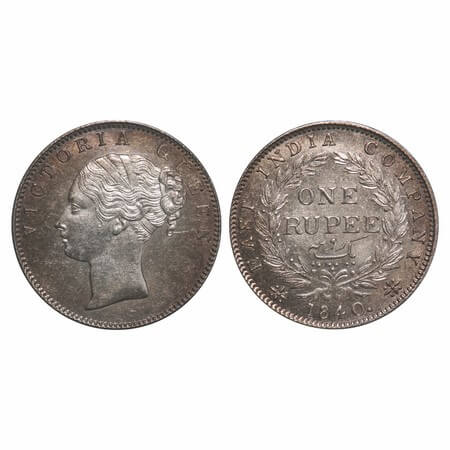 Victoria Queen, Silver, Rupee, 1840, CL, Calcutta Mint, A/I, English Head, With bud leaves
