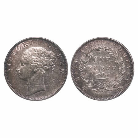 Victoria Queen, Silver, Rupee, 1840, CL, Calcutta Mint, A/VI, English Head, Wreath with 35