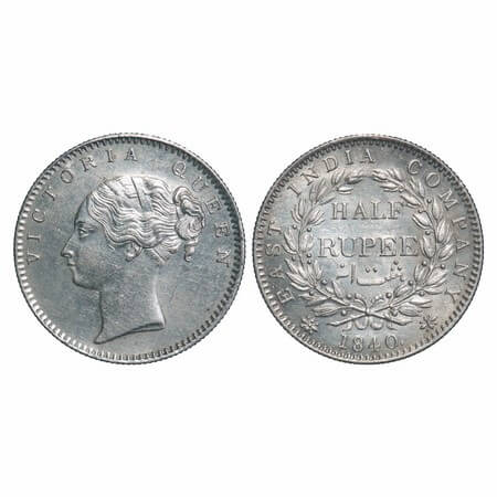 Victoria Queen, Silver, Half Rupee, 1840, CL, Calcutta Mint, A/I, English Head, Wreath wit