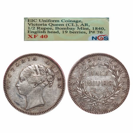 Victoria Queen, Silver, Half Rupee, 1840, CL, Bombay Mint, A/I, English Head, Wreath with 