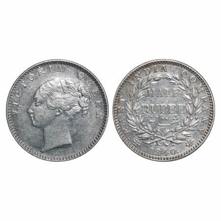 Victoria Queen, Silver, Half Rupee, 1840, CL, Bombay Mint, A/I, English Head, Wreath with 