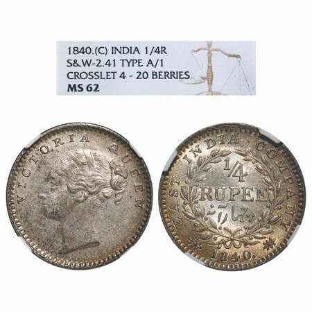 Victoria Queen, Silver, 1/4 Rupee, 1840, CL, Calcutta Mint, A(b)/I, Mule, Curl of Two hair