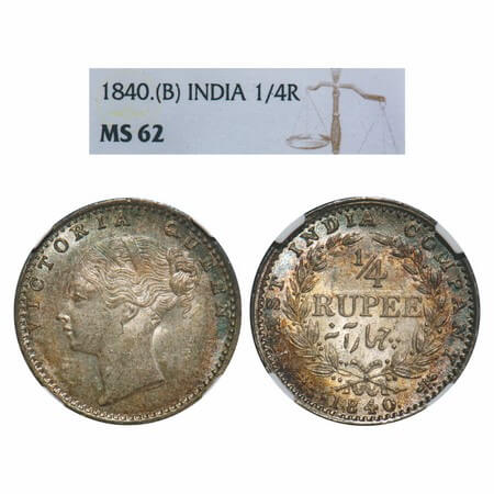 Victoria Queen, Silver, 1/4 Rupee, 1840, CL, Calcutta Mint, C/II, Indian Head, Wreath with