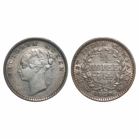 Victoria Queen, Silver, 1/4 Rupee, 1840, CL, Madras Mint, A(a)/I, 'S' incused, Normal 'S',