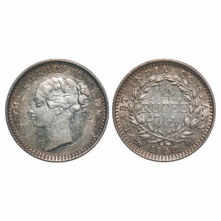 Victoria Queen, Silver, 1/4 Rupee, 1840, CL, Madras Mint, A(a)/I, 'S' incused and 'V' rais