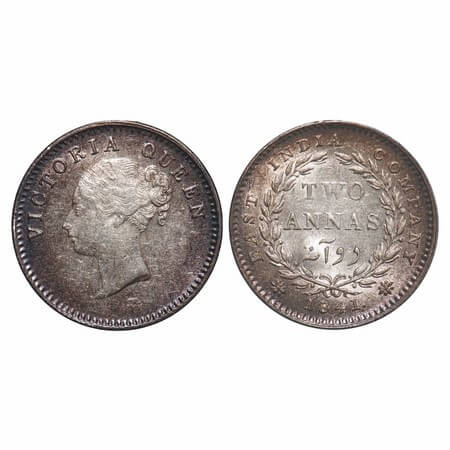 Victoria Queen, Silver, 2 Annas, 1841, CL, Calcutta Mint, A(a)/I, Plain edge, With curl of