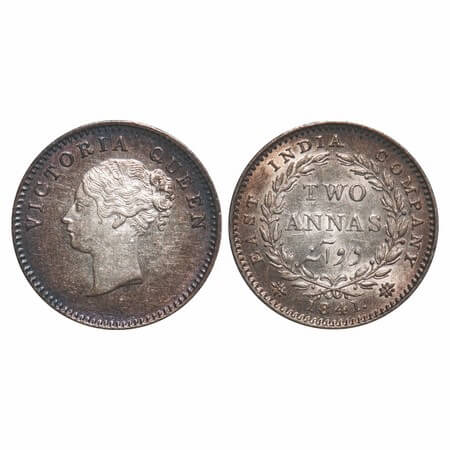 Victoria Queen, Silver, 2 Annas, 1841, CL, Calcutta Mint, A(a)/I, Plain edge, With curl of