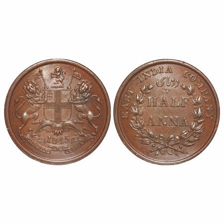 Victoria Queen, Copper, Half Anna, 1845, Calcutta Mint, Obv B, With cross bar of numeral 4