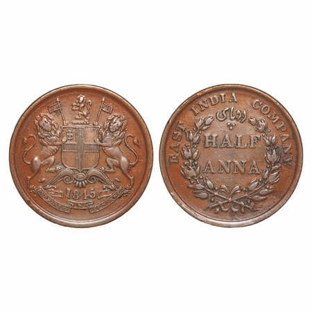 Victoria Queen, Copper, Half Anna, 1845, Calcutta Mint, Obv B, With cross bar of numeral 4