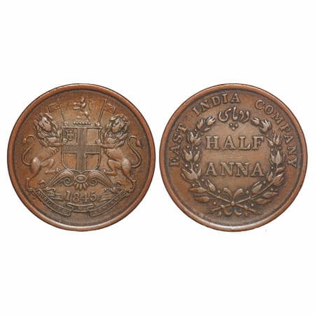 Victoria Queen, Copper, Half Anna, 1845, Calcutta Mint, Obv B, With Cross bar of numeral 4