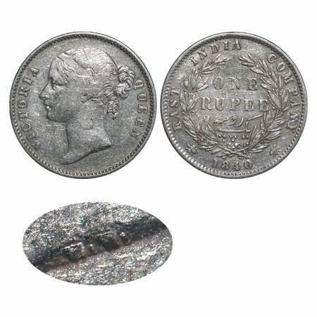 Victoria Queen, Silver, Rupee, 1840, DL, Calcutta Mint, W I W I raised, Wreath with 28 Ber