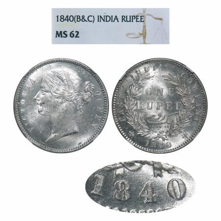 Victoria Queen, Silver, Rupee, 1840, DL, Calcutta Mint, W.W. raised, Wreath with 28 Berrie