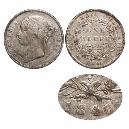 Victoria Queen, Silver, Rupee, 1840, DL, Calcutta Mint, W.W. raised, Wreath with 27 Berrie