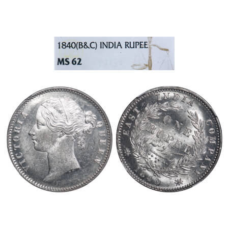 Victoria Queen, Silver, Rupee, 1840, DL, Calcutta Mint, W.W. raised, Wreath with 28 Berrie