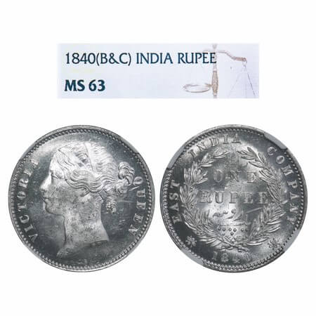 Victoria Queen, Silver, Rupee, 1840, DL, Calcutta Mint, W.W. raised, Wreath with 28 Berrie