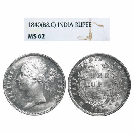 Victoria Queen, Silver, Rupee, 1840, DL, Calcutta Mint, W.W. raised, Wreath with 28 Berrie