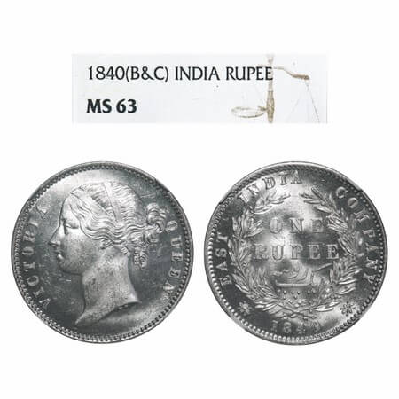 Victoria Queen, Silver, Rupee, 1840, DL, Calcutta Mint, W.W. raised, Wreath with 28 Berrie