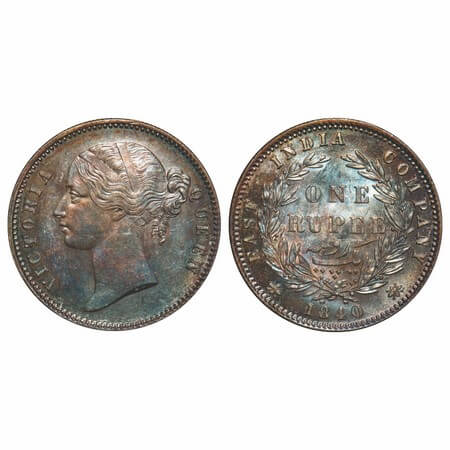 Victoria Queen, Silver, Rupee, 1840, DL, Calcutta Mint, W.W. raised, Wreath with 28 Berrie