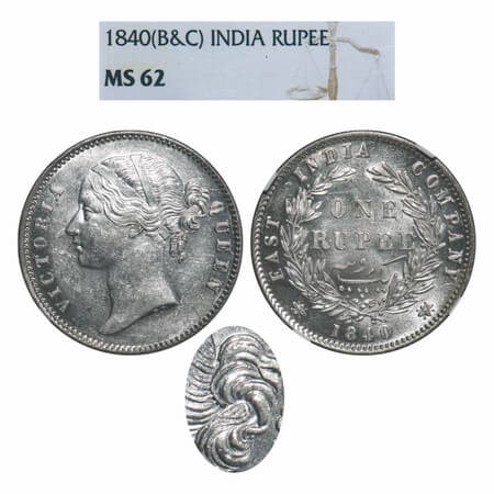 Victoria Queen, Silver, Rupee, 1840, DL, Calcutta Mint, W.W. raised, Wreath with 28 Berrie