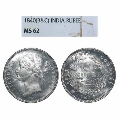 Victoria Queen, Silver, Rupee, 1840, DL, Calcutta Mint, W.W. raised, Wreath with 28 Berrie