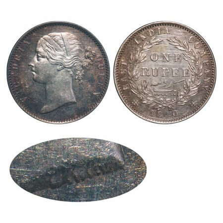 Victoria Queen, Silver, Rupee, 1840, DL, Madras Mint, W.W. 'R' raised, Wreath with 28 Berr