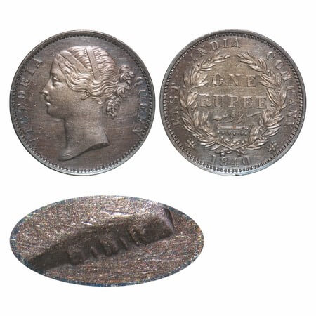 Victoria Queen, Silver, Rupee, 1840, DL, Madras Mint, W.W. 'R' raised, Wreath with 28 Berr
