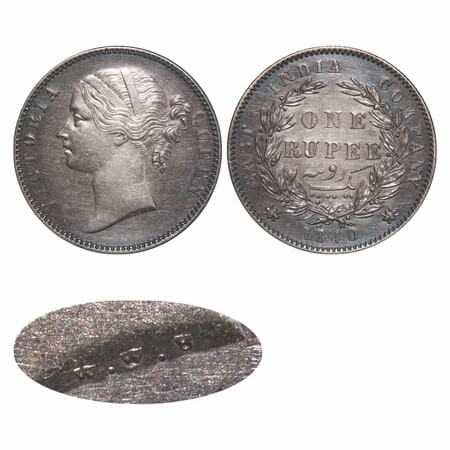 Victoria Queen, Silver, Rupee, 1840, DL, Madras Mint, W.W. B. raised, W.W.B, Wreath with 2