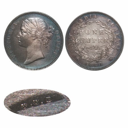 Victoria Queen, Silver, Rupee, 1840, DL, Madras Mint, W.W. B. raised, W.W.B, Wreath with 2