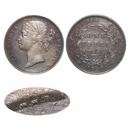 Victoria Queen, Silver, Rupee, 1840, DL, Madras Mint, W.W. B. raised, Dot after 'B', Small