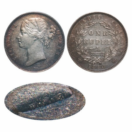 Victoria Queen, Silver, Rupee, 1840, DL, Madras Mint, W.W. 'S' raised, Wreath with 28 Berr