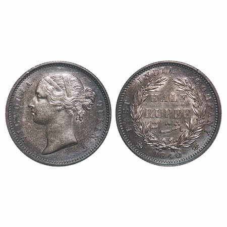 Victoria Queen, Silver, Half Rupee, 1840, DL, Calcutta Mint, .W.W incused, Wreath with 24 