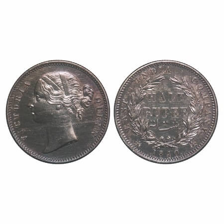 Victoria Queen, Silver, Half Rupee, 1840, DL, Calcutta Mint, .W.W incused, Wreath with 24 