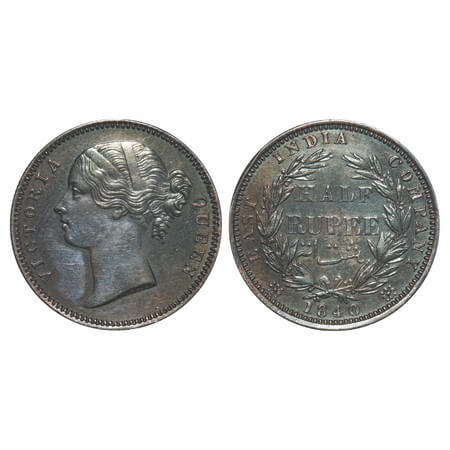 Victoria Queen, Silver, Half Rupee, 1840, DL, Madras Mint, 'S' raised, W.W incused, Wreath