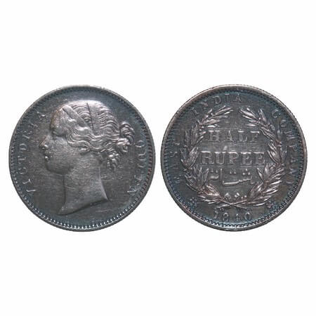 Victoria Queen, Silver, Half Rupee, 1840, DL, Madras Mint, 'B' raised, W.W incused, Wreath