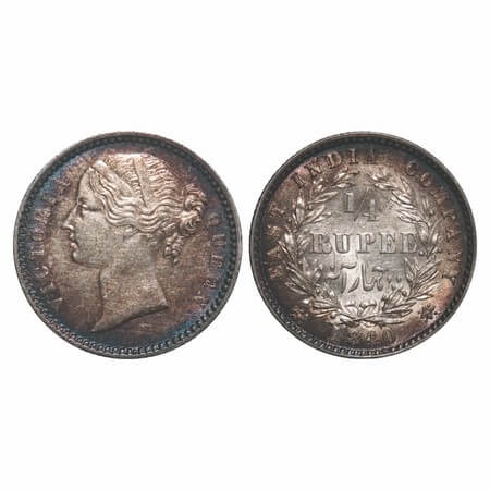 Victoria Queen, Silver, 1/4 Rupee, 1840, DL, Calcutta Mint, W.W. raised, Wreath with 10 Be